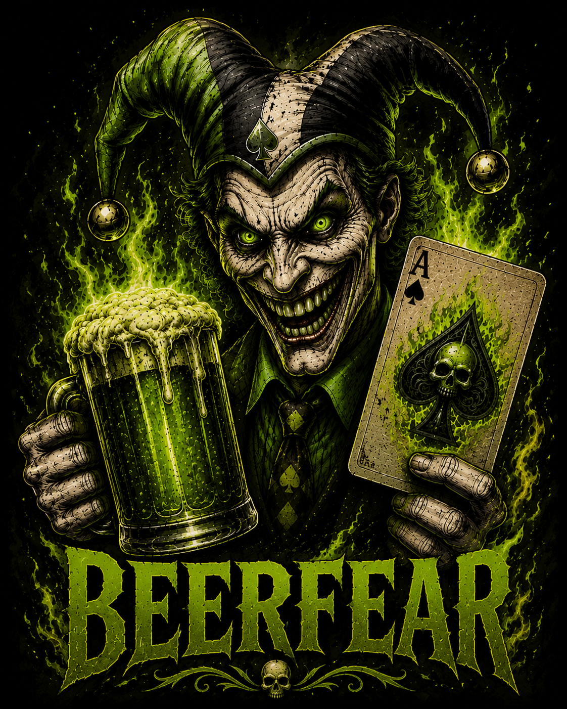 BeerFear jester mascot holding a beer and ace card