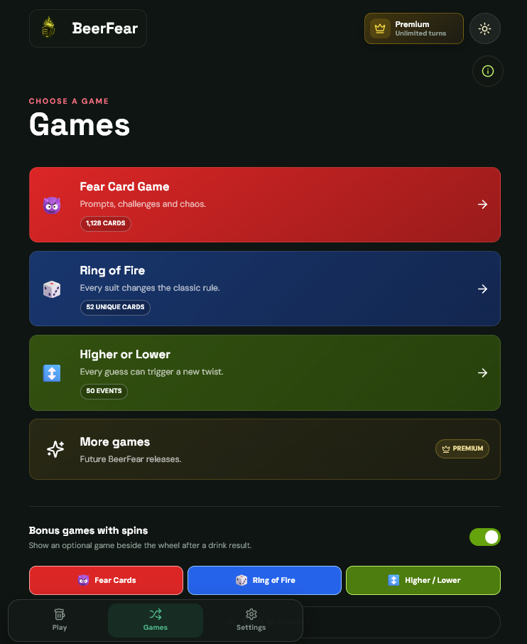 BeerFear games screen