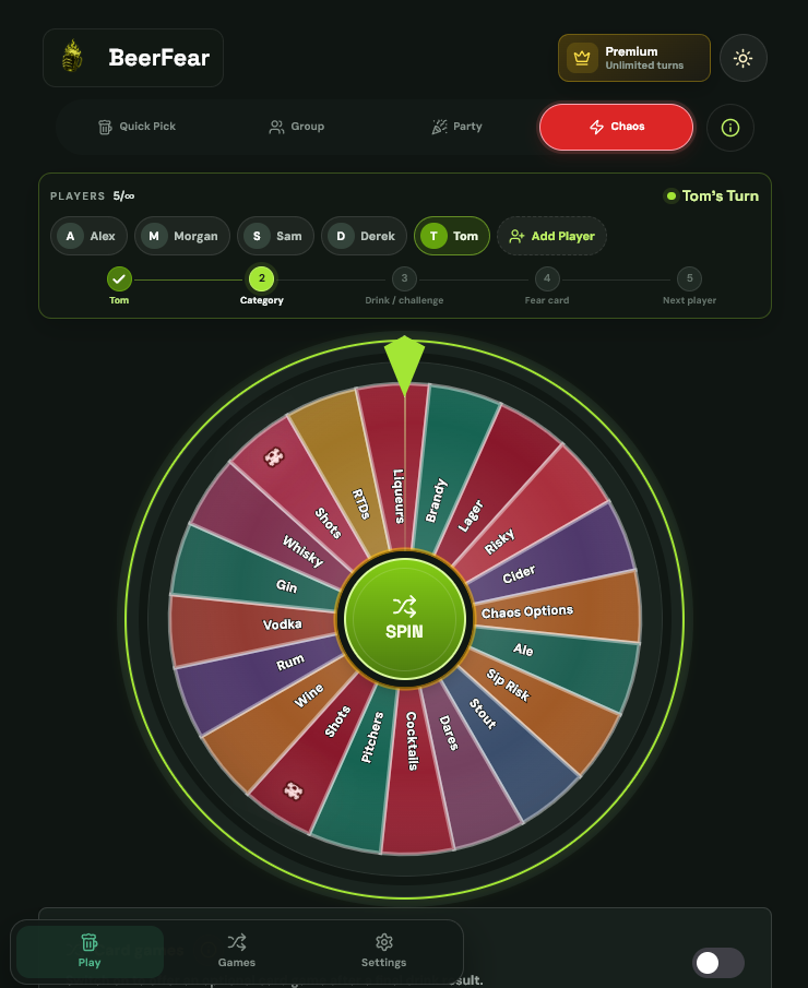 BeerFear app chaos wheel screen